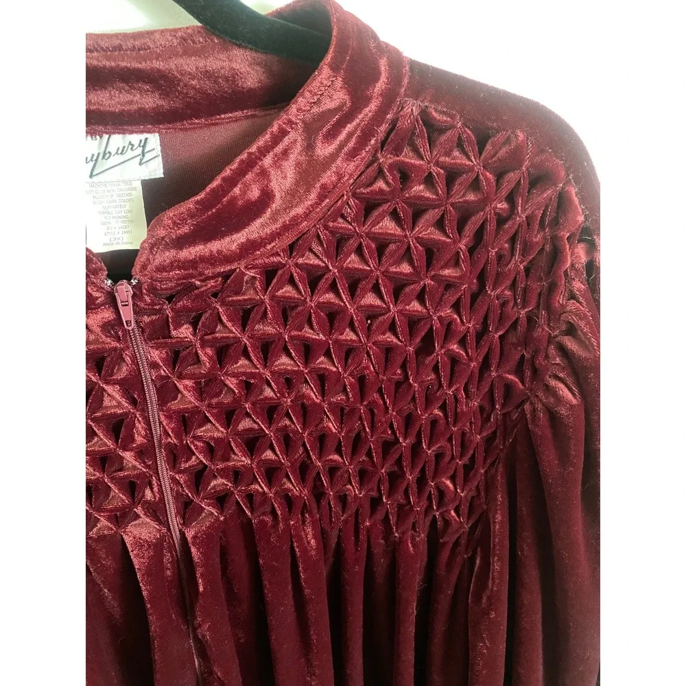 Saybury Womens Plus 3X‎ Burgundy Velvet Smocked Zip Front Robe Long Housecoat